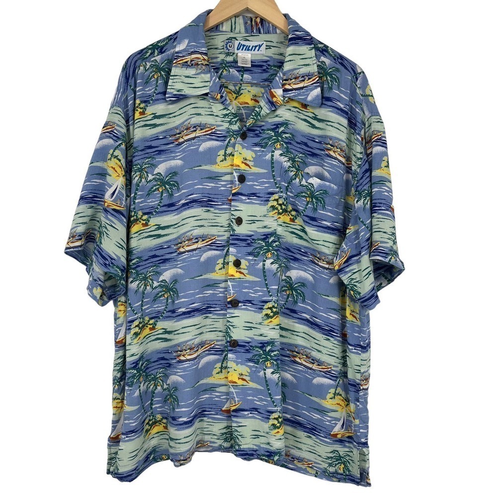 Utility Hawaiian Shirt Colorful Ocean Beach Boat Blue Green‎ XL